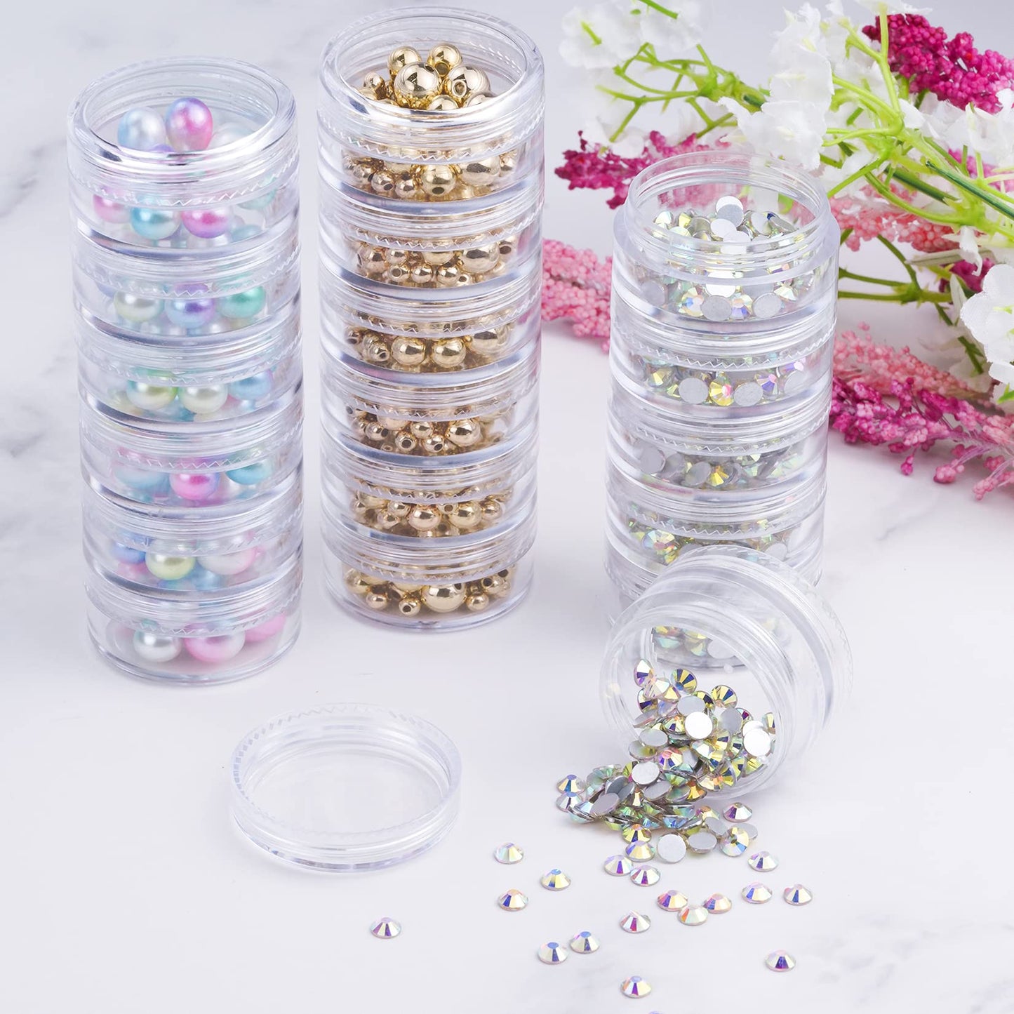 Fengek 6 Sets 6 Layer Stackable Plastic Containers, 10G/10ML Clear Cosmetic Storage Box Round Organizer Jars for Beads, Buttons, Small Jewelry Findings