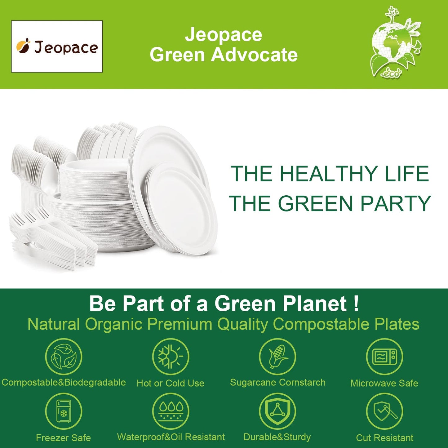 Jeopace Paper Plates Set 250PCS,Eco Paper Plates for Party,9 Inch and 7 Inch Sugarcane Bagasse Biodegradable Paper Plates,Cornstarch Forks,Knives and Spoons Plates Set for 50 People(White)