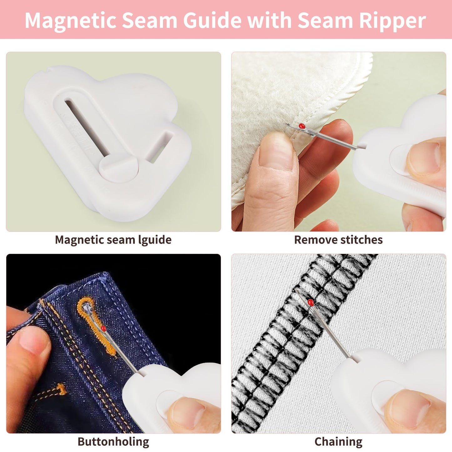 TOOVREN Magnetic Seam Guide for Sewing Machine with Seam Ripper Thread Remover Tool Multifucntional Magnetic Sewing Guide Hemmer with Scale Universal Sewing Supplies and Accessories(White)