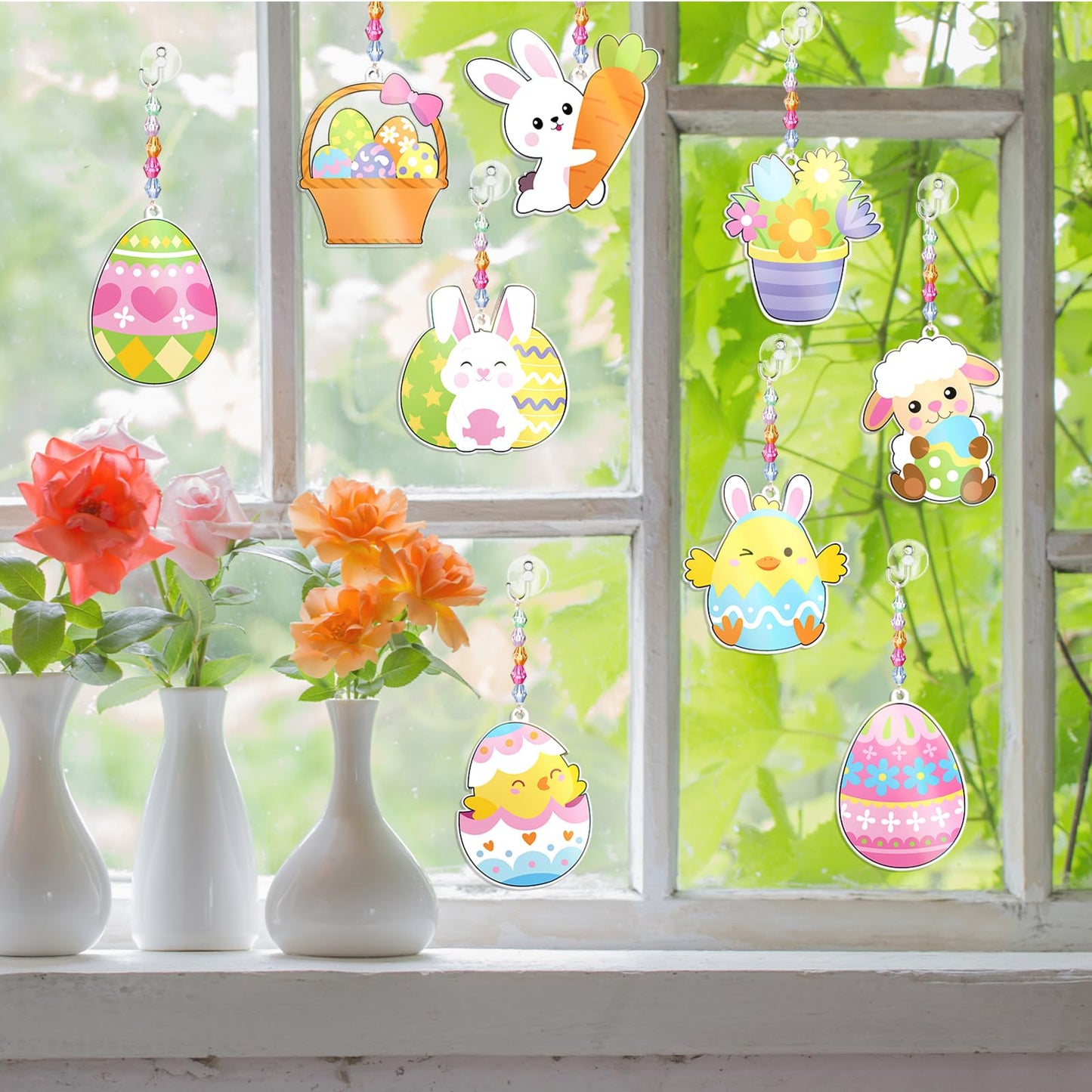 30 Set Easter Craft Kit Suncatchers Kit Spring Easter Eggs DIY Suncatchers Craft Kit Make Your Own Suncatcher Paint Easter Bunny Sun Catcher Ornaments for Spring Art Craft Painting Activity