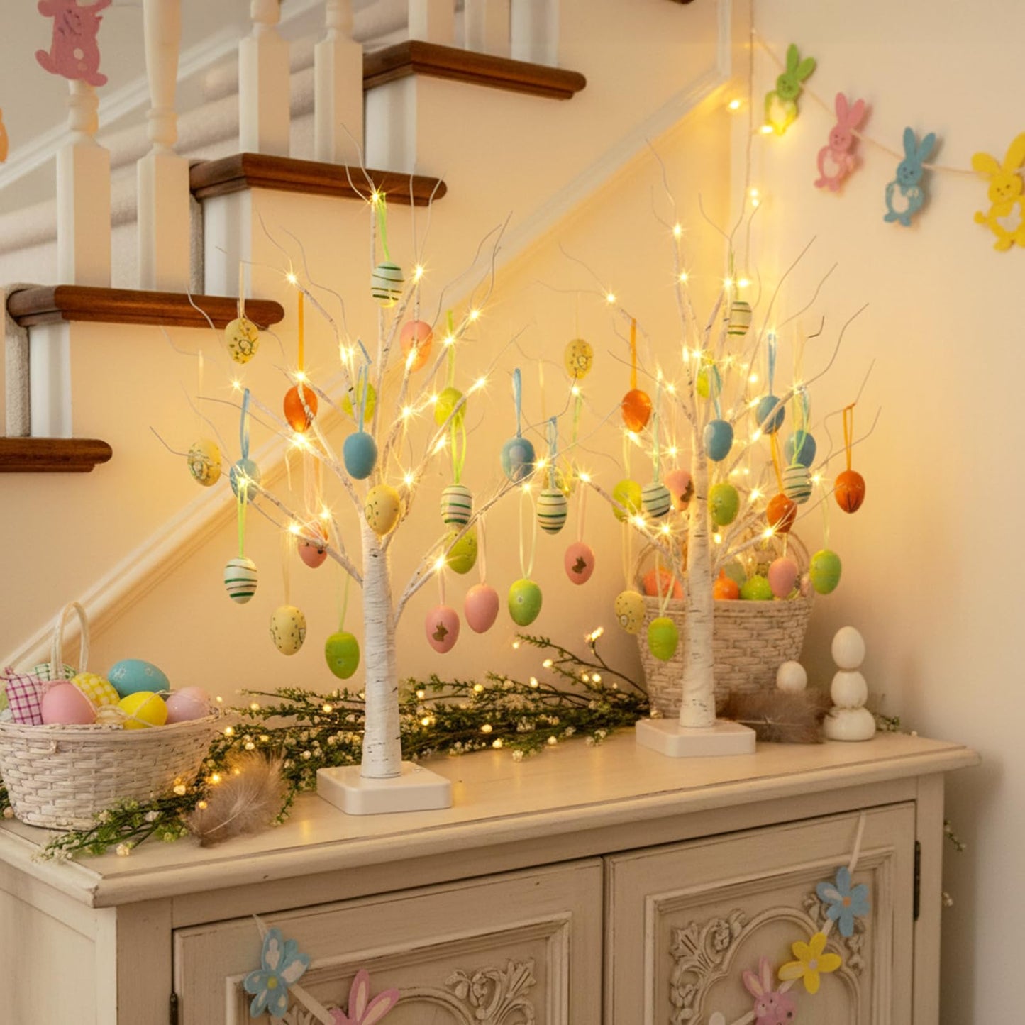 Easter Decorations, Easter Egg Tree with 36 pcs Eggs Ornaments, Lighted White Birch Tree with Timer Battery Powered, for Home Tabletop Centerpiece Spring Indoor Decorations (2 Pack 24 LED)