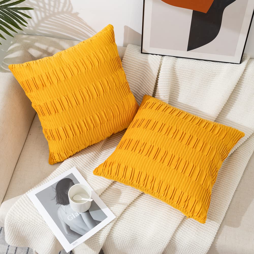 ETASOP Fall Throw Pillow Cases, Set of 2 Striped Yellow Cushion Cases Velvet Pillow Covers for Farmhouse Home Decor, 16x16 Inch