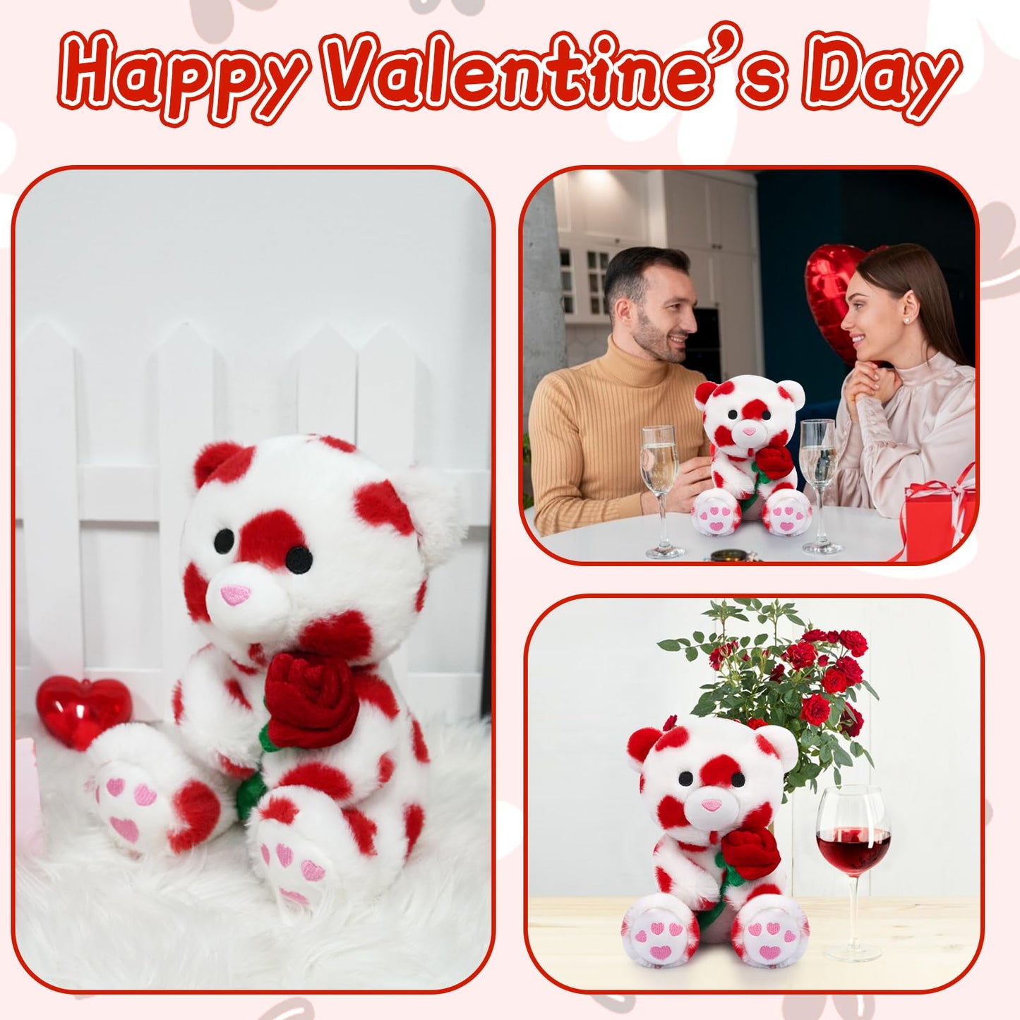 Valentine's Day Plush Teddy Bear with Rose, Stuffed Animal Gift for Her & Boyfriend, Party Decor