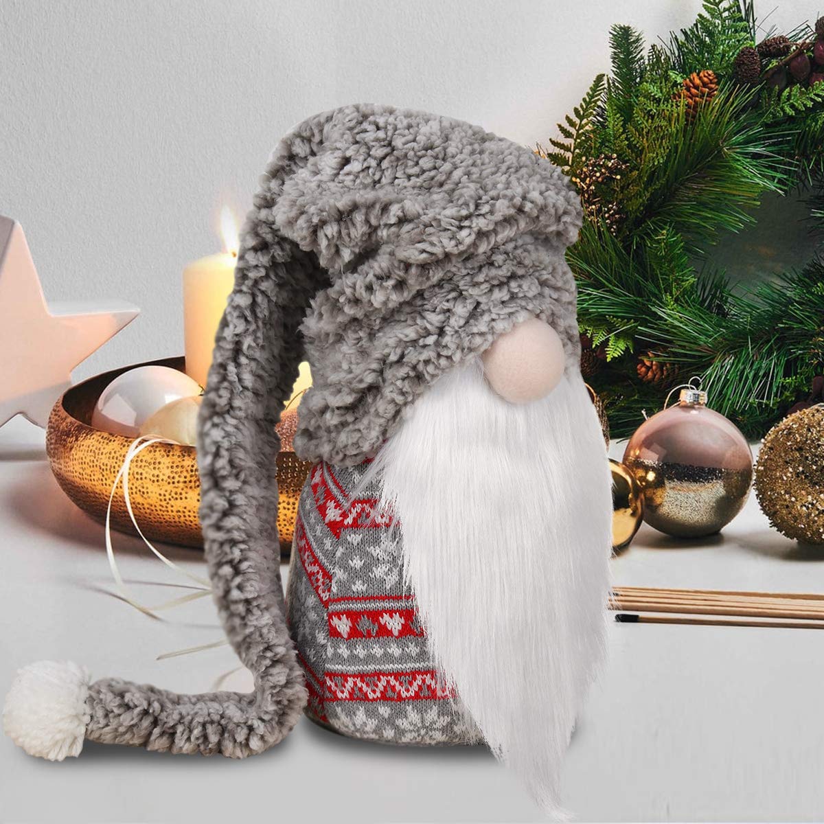 Christmas Gnome Plush 13 Inch Large Swedish Tomte Gnome Ornaments with Long Hat Holiday Scandinavian Christmas Decorations for Home (Grey, Nose Without Light)