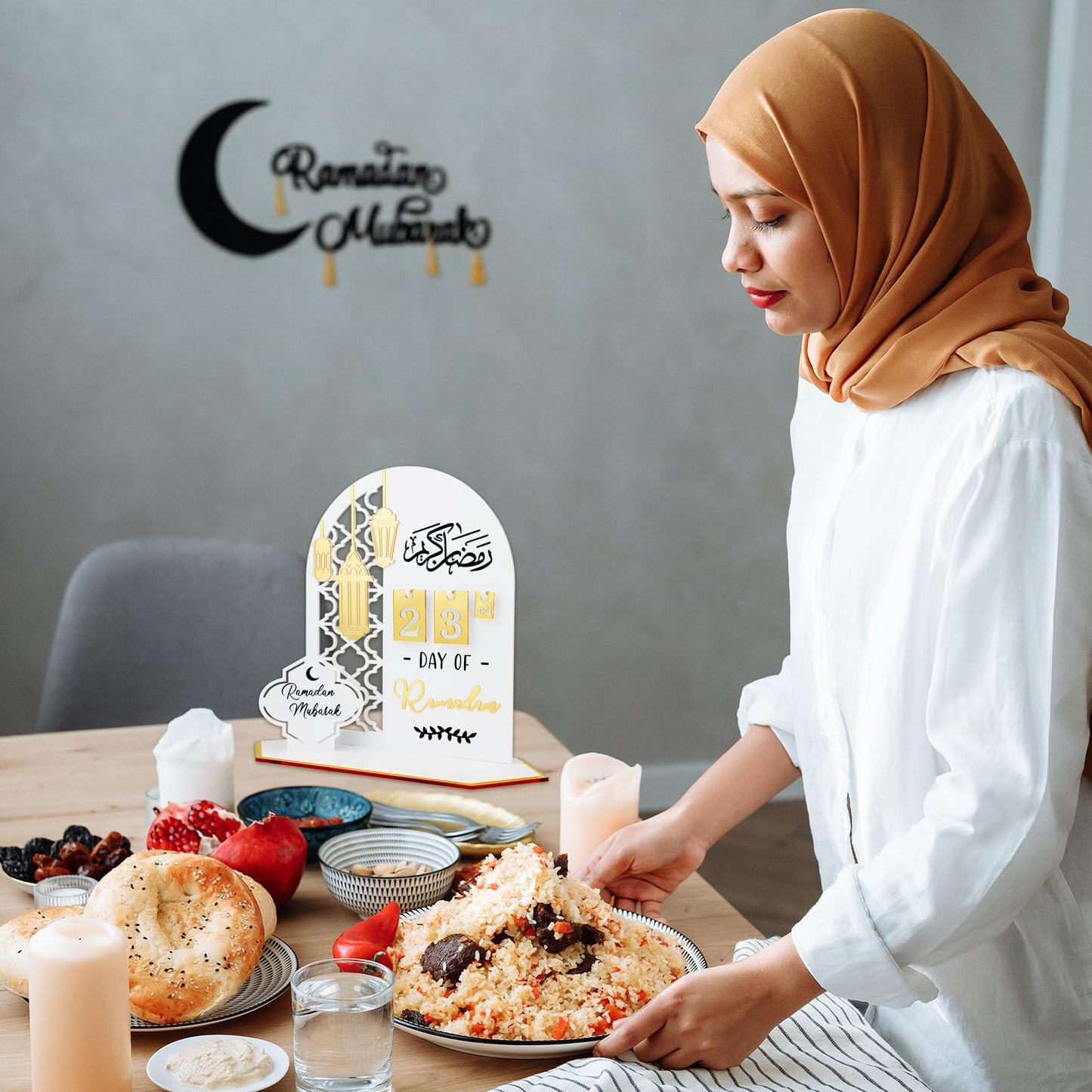 Ramadan Advent Countdown Calendar Acrylic: Ramadan Decorations for Home Eid Mubarak Table Decor, 30 Days Countdown Calendar 2025 Ramadan Gifts for Family (White ＆Gold)