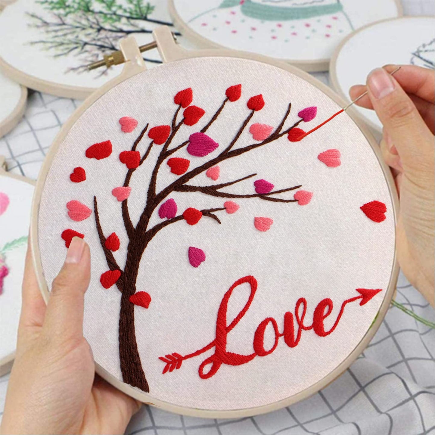 Louise Maelys Love Heart Tree Beginners Embroidery Kits,Cross Stitch Starter Kit for Adults Including Cloth with Lovers Pattern Hoop Needles Instruction and Threads