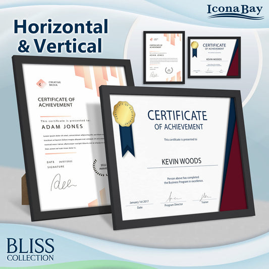 8.5x11 Black Certificate Frame, Modern Style Wood Composite Document Frame, Table Top or Wall Mount, Bliss Collection