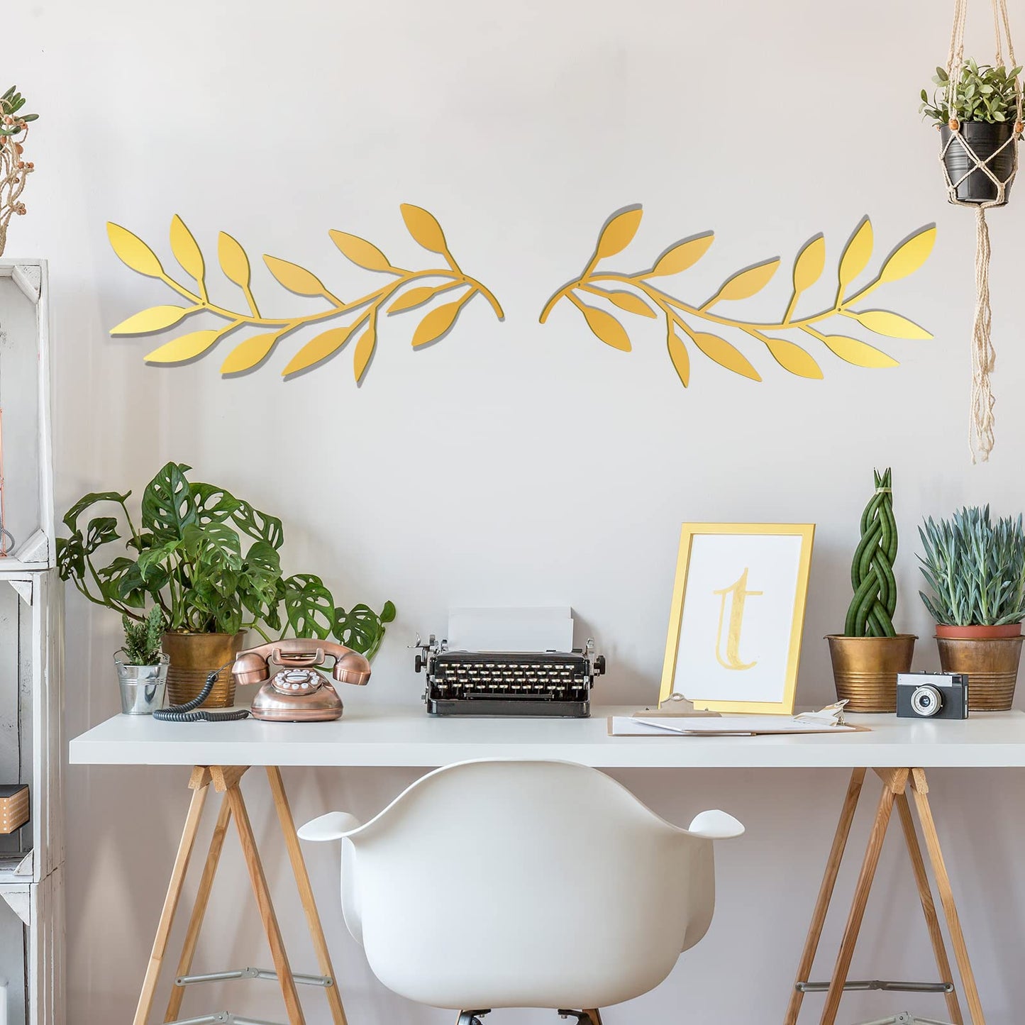 2 Pieces Metal Tree Leaf Wall Decor Vine Olive Branch Leaf Wall Art Living Room, Hallway Wall Decor Outdoor Decoration(Gold)