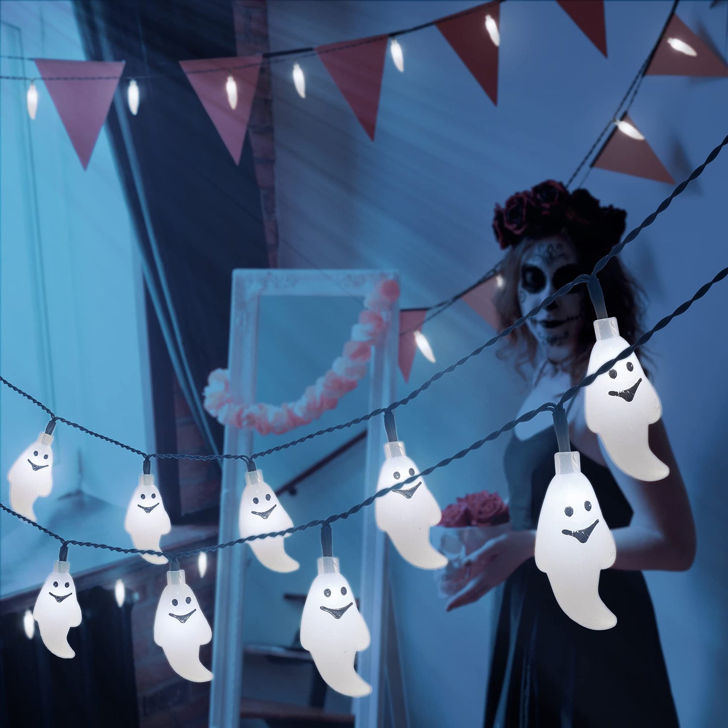 YOUNGAR Halloween Decor Lights,Solar Ghost Lights,2PACK 20ft 30 LED with 8 Modes Waterproof Solar String Lights,Outdoor Fairy Lights for Patio,Garden,Gate,Yard,Halloween Christmas(2Pack,Ghost)