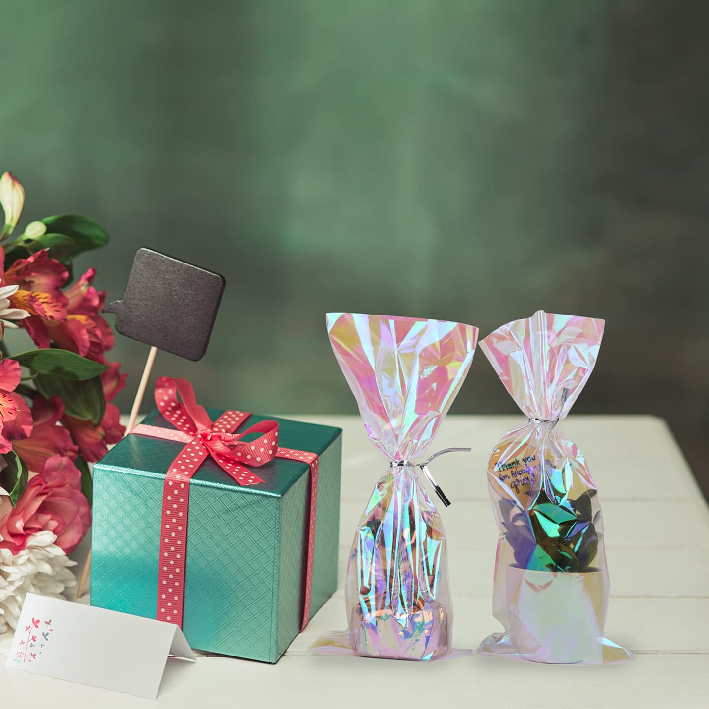 QTOP Cellophane Treat Bags,Iridescent Holographic Goodie Bags, Clear Cello Bags with Twist Ties for Birthday Party Favors, Valentines, Easter, Weddings
