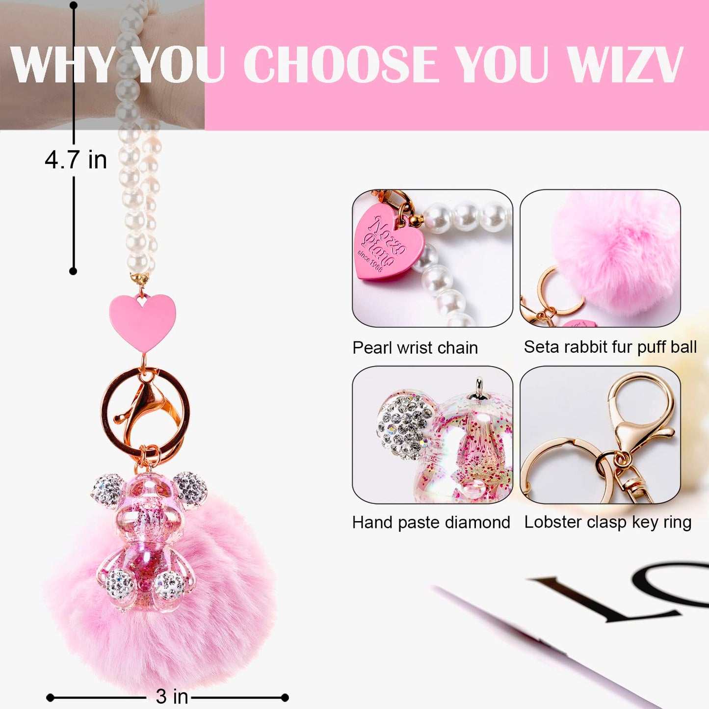 YOU WIZV Cute Pink Bear Keychain for Women with Puff Ball Purse Charms, Girls Bling Key Chains for Car Keys, Backpack, Purse Accessories, Pink Pom Pom Keychain