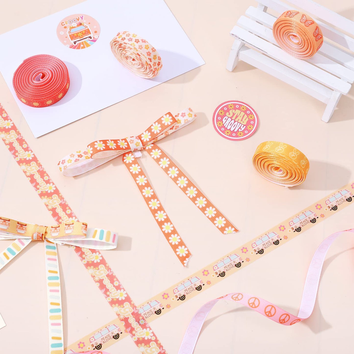 12 Rolls Groovy Retro Hippie Boho Ribbon Rainbow Butterfly Daisy Flower Craft Ribbon 60 Yards 3/8 Inch Printed Grosgrain Fabric Ribbon for Wreath Bow Making DIY Crafts Wrapping