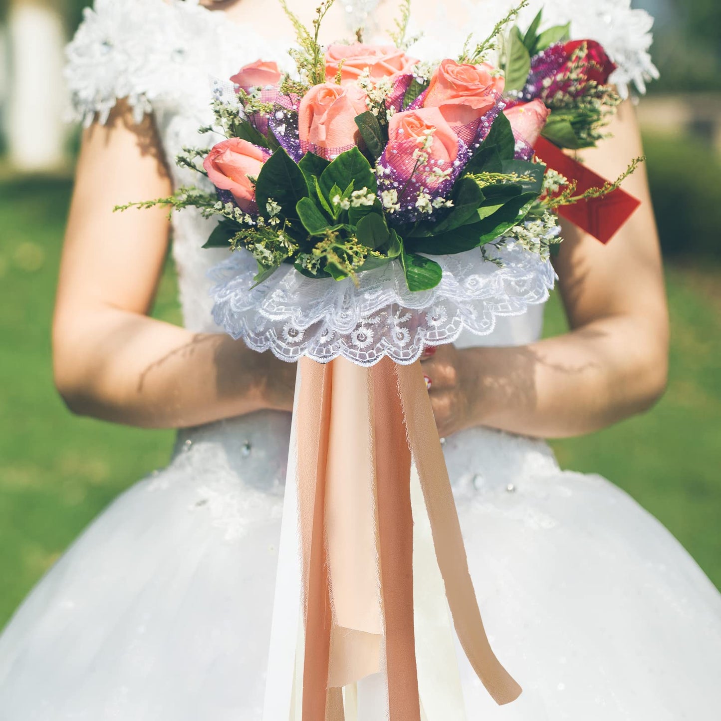 Pieaary Handmade Fringe Chiffon Silk Ribbon 4 Rolls/1" x 5Yd Per Roll,Nude & Cream Frayed Edges Ribbons Set (1"x20Yd, Nude&Cream)