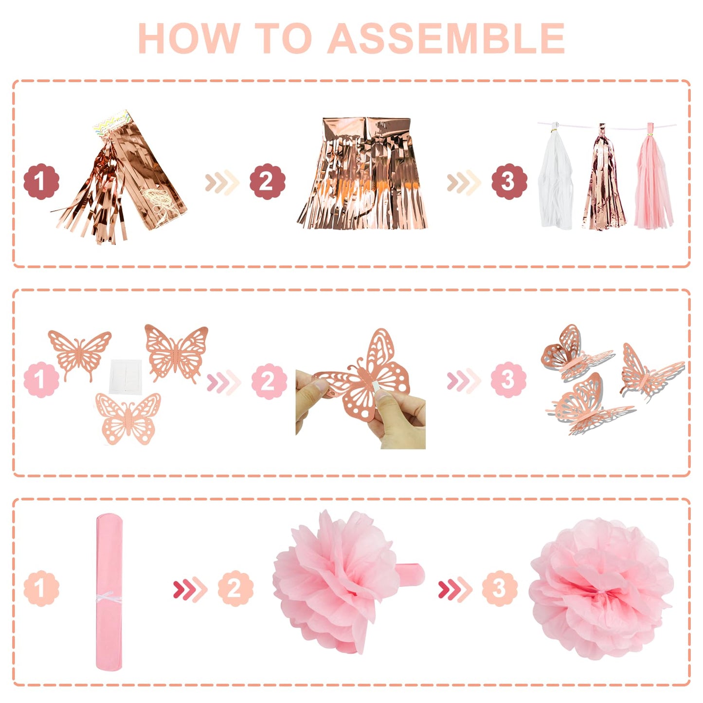 Rose Gold Birthday Party Decorations Kit for Women Girls, Foil Confetti Rose Gold Balloon Pink Happy Birthday Banner Fringe Curtains Butterfly Decor Circle Dots Tassels Pompoms Party Supplies