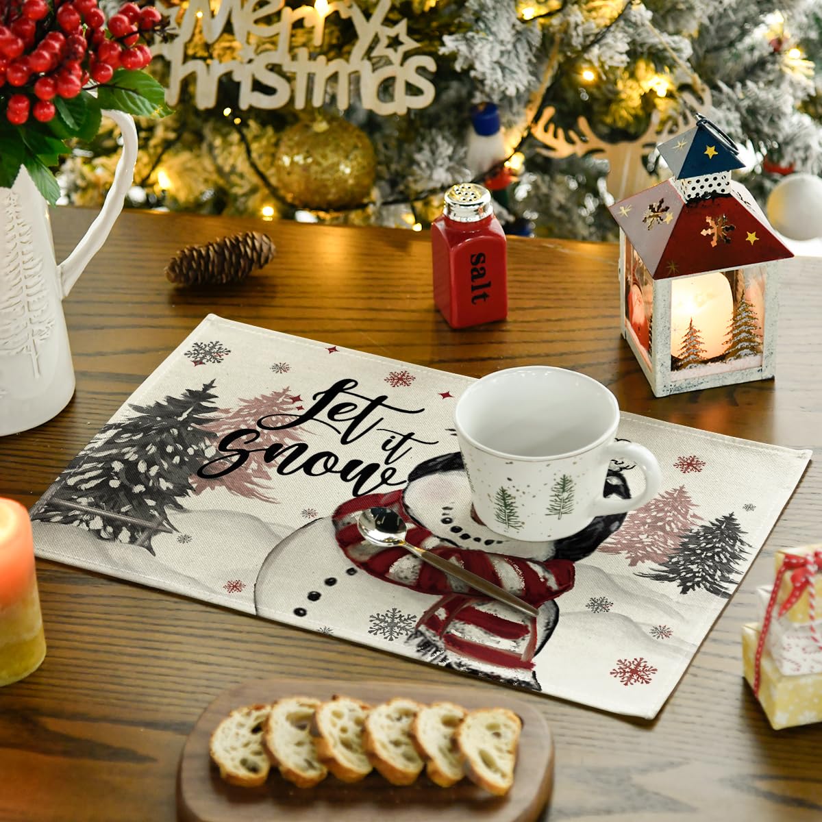 Let It Snow Snowman Christmas Placemats Set of 4, 12x18 Inch Winter Table Mats for Party Kitchen Dining Decoration