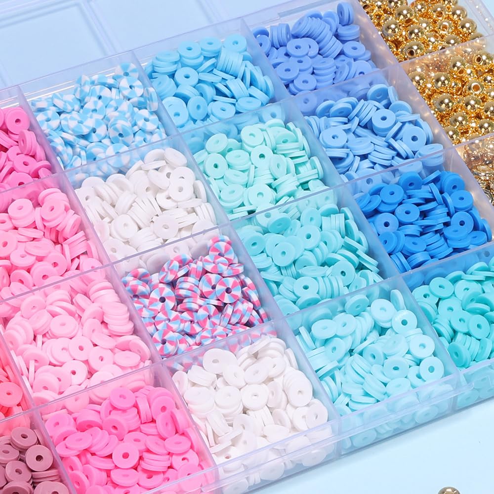 Blue Clay Bead Bracelet Kit DIY Jewelry Making Kit Clay Beads Bracelet Making Kit, Flat Preppy Beads for Friendship Bracelets, Polymer Clay Beads Crafts Gifts