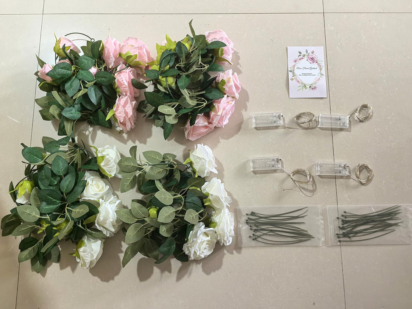 4 Pcs Flower Garland with 39.2 Ft Lights, 26.4 Ft Pink & White Floral Garland Fake Flowers for Wedding Arch Party Wall Garden Room Decor