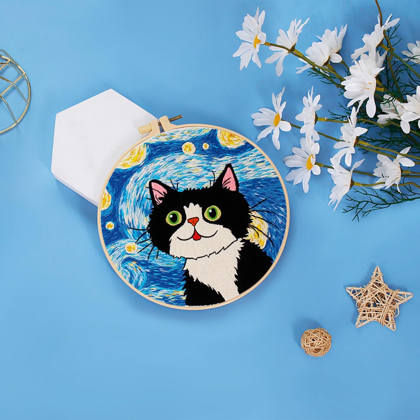 Louise Maelys Cat Starry Sky Embroidery Kits for Beginners with Floral Pattern,Adults Starter Cross Stitch Kit DIY Needlepoint