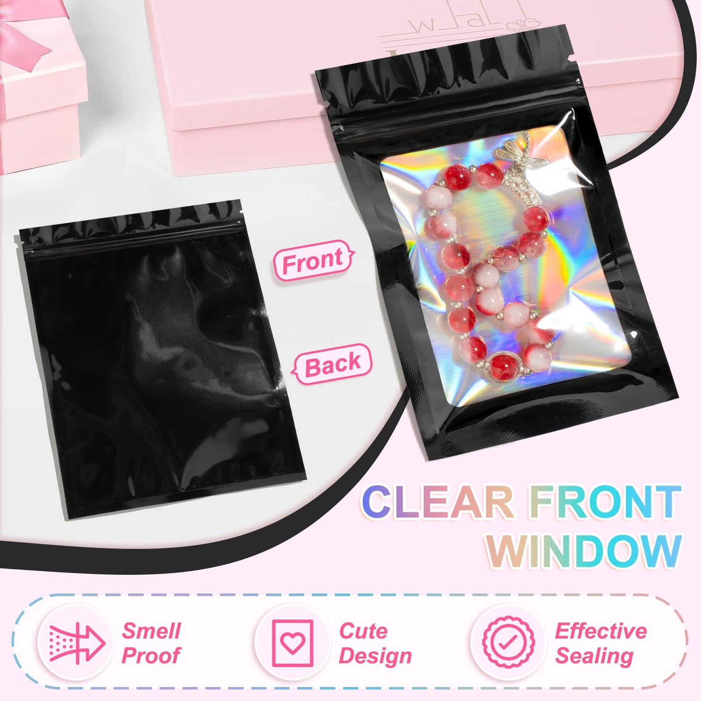 100 Pieces Smell Proof Mylar Bags, Holographic Packaging Bag, Resealable Odor Foil Pouch Zipper Bags with Clear Window for Food Storage and Lipgloss, Jewelry Lash (Black, 2.4 x 3.9 Inch)