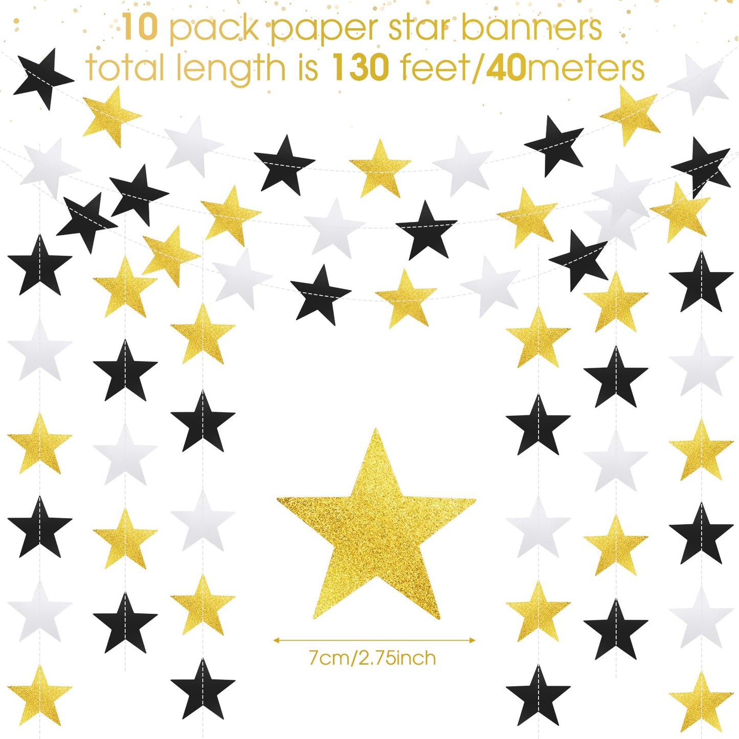 Patelai Glitter Star Garland Banner Decor, 130 Feet Bright Star Hanging Bunting Banner Backdrop for 2024 New Year Graduation Wedding Birthday Party Decor(Silver Gold Black)