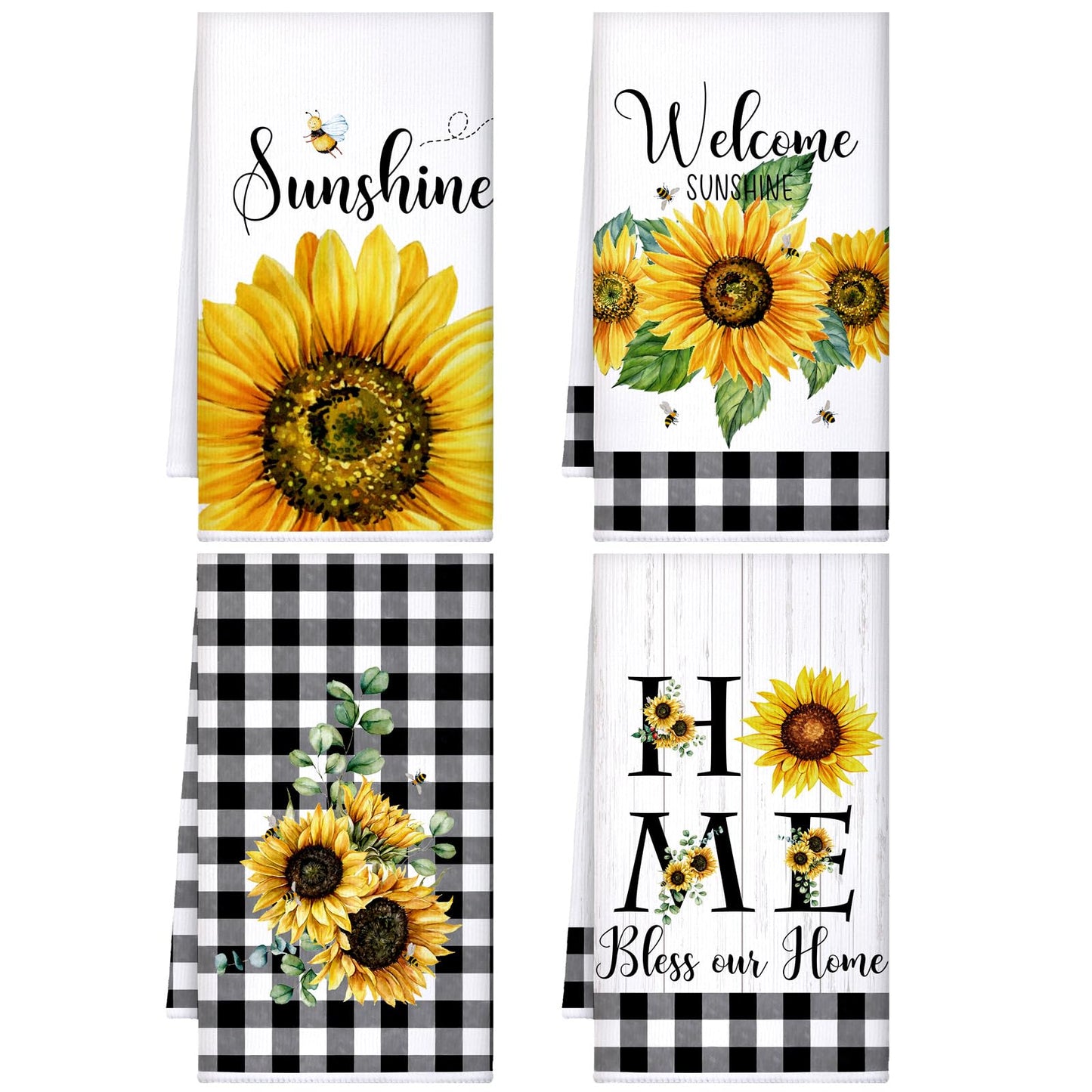 Bencailor 4 Pcs Sunflower Kitchen Towels Spring Summer Gifts Sunflower Floral Hand Dish Towels Absorbent Sunshine Yellow Grid Fast Drying Decor Housewarming Gift for Cooking Bathroom Kitchen Decor