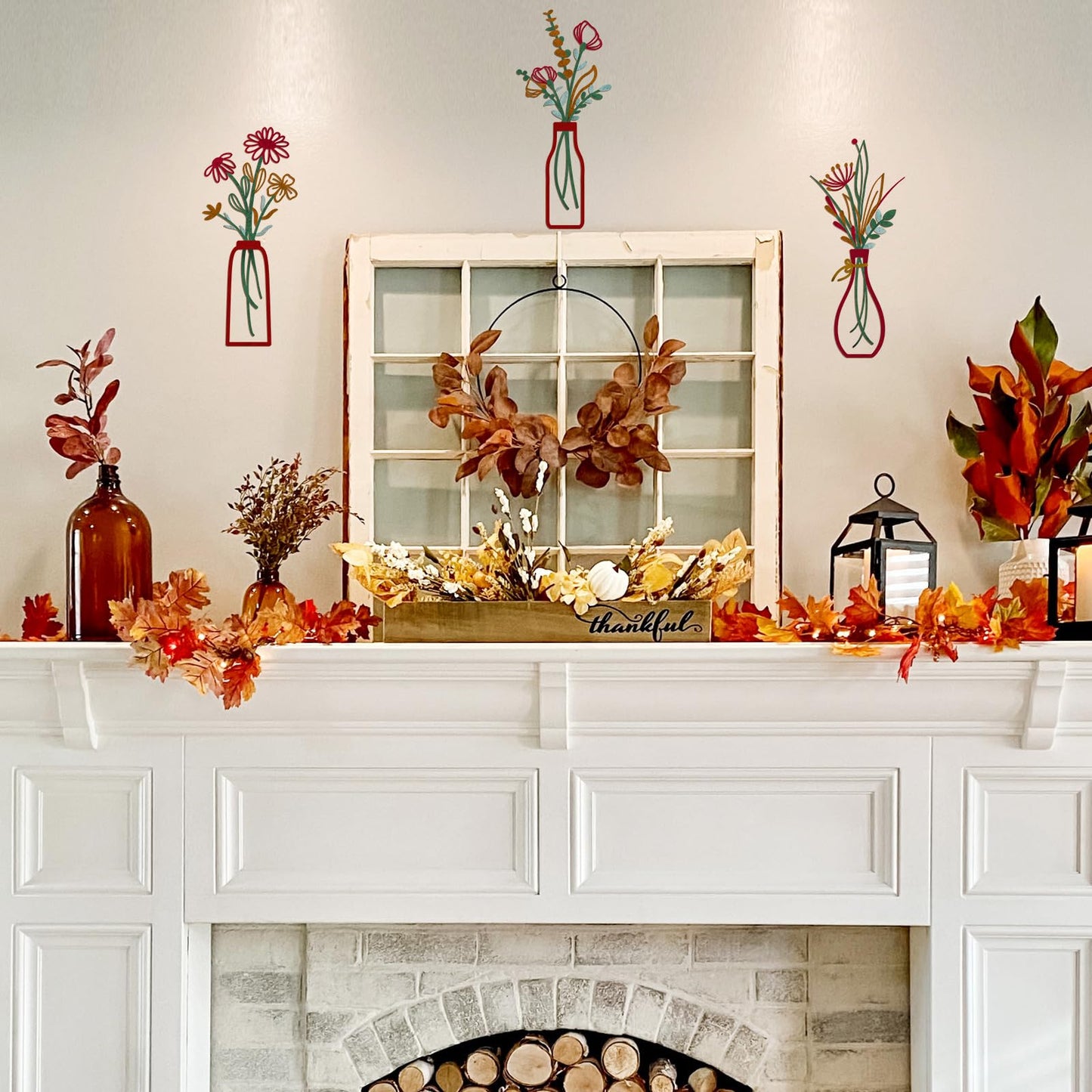 3 Pieces Metal Vase Flowers Wall Arts - Rustic Farmhouse Style Décor Metal Wall Art Black Minimalist Flower Natural Themed Wall Decors for Home Bedroom Dining Room Housewarming (Red, Vase-C)