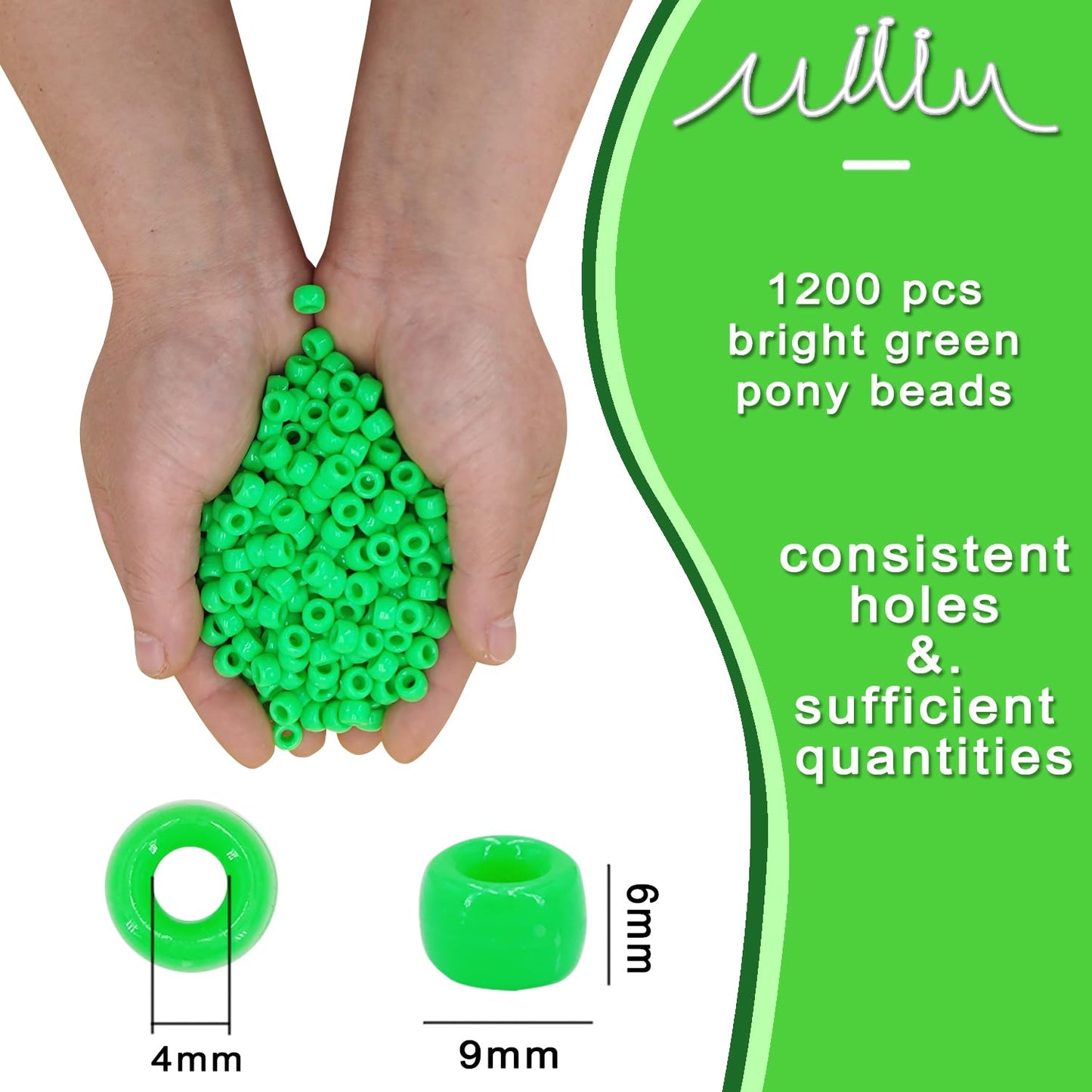 MIIIM 1200PCS 6x9mm Green Pony Beads Bulk, Kandi Beads for Bracelets Making Kit, Hair Braids Crafts for Jewelry Making (Bright Green)