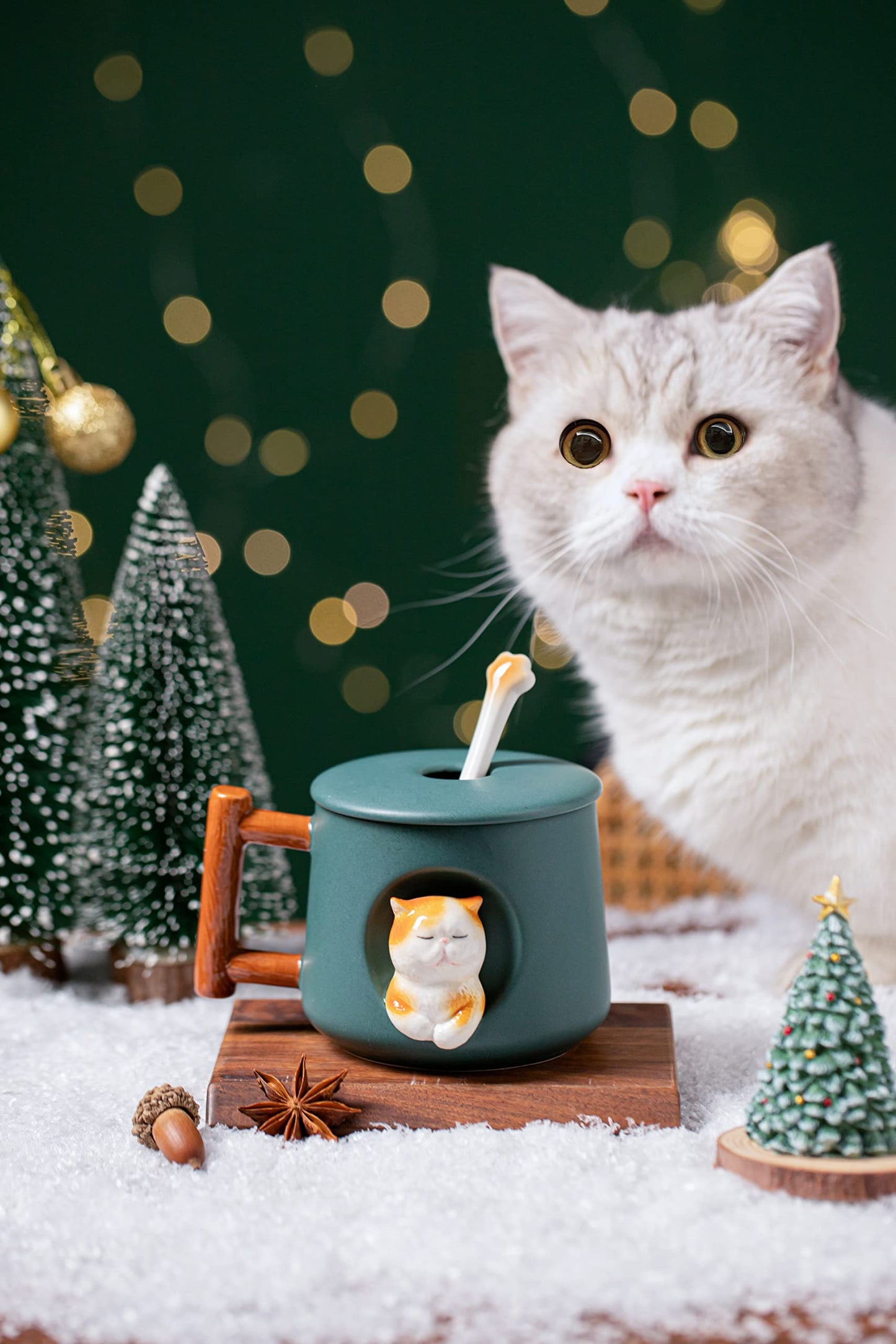 Adorable 3D Ceramic Cat Mug with Lid and Spoon - Perfect for Coffee, Tea, Milk, and More - Ideal Gift for Animal Lovers - 14 Ounces (Green)