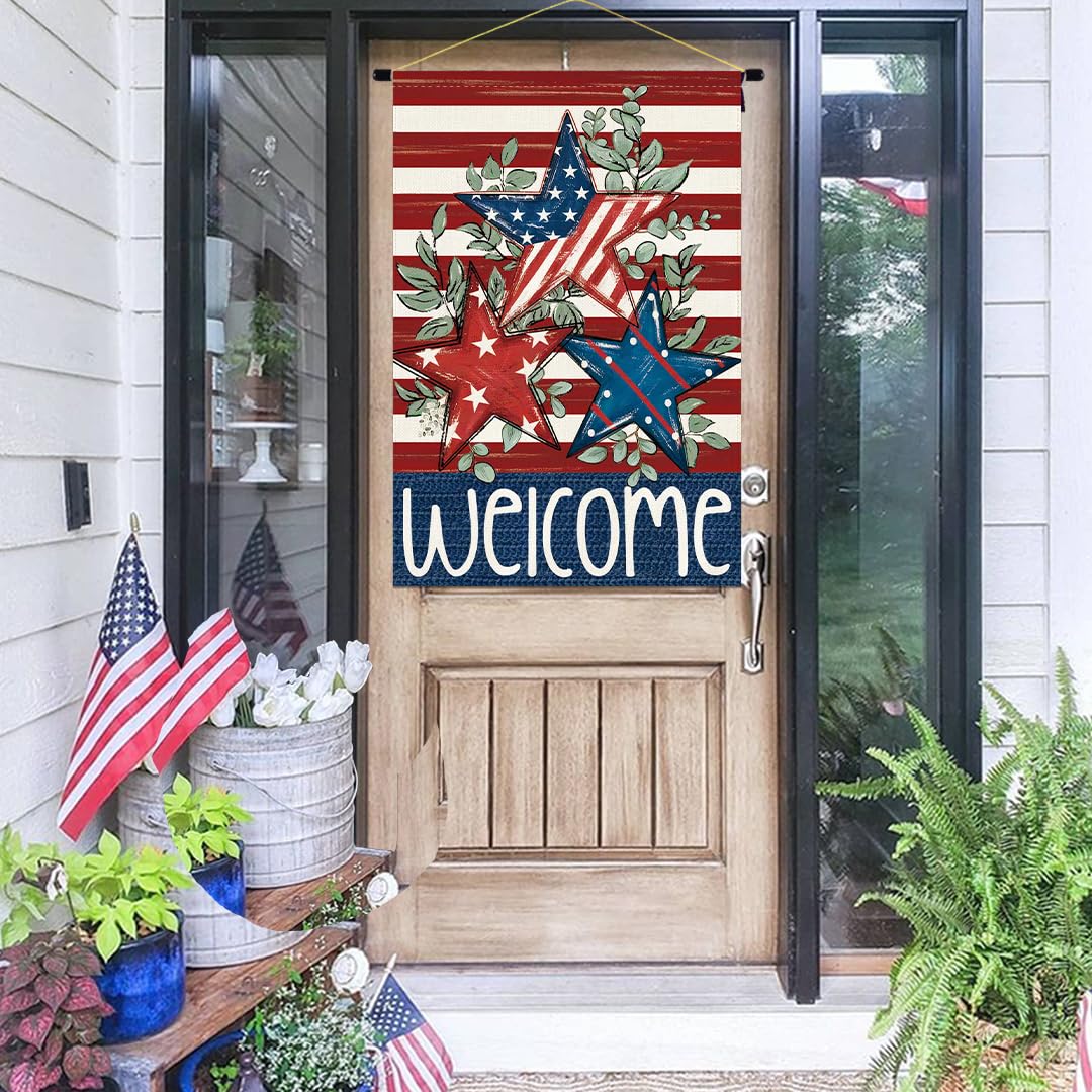 Baccessor 4th of July Patriotic House Flag 28 x 40 Inch Double Sided Burlap Memorial Day Welcome American Stars and Stripes Large Yard Flag Holiday Farmhouse Seasonal Outdoor Outside Decoration