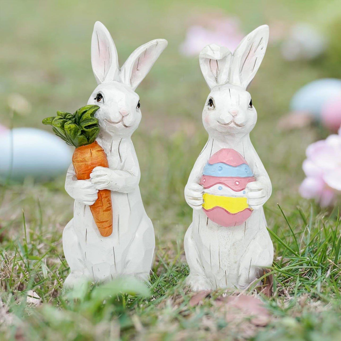 Easter Decorations - Easter Bunny Decor Spring Decorations Resin Rabbits Statues with Carrot and Egg for Home Tabletop Centerpiece Indoor Gifts