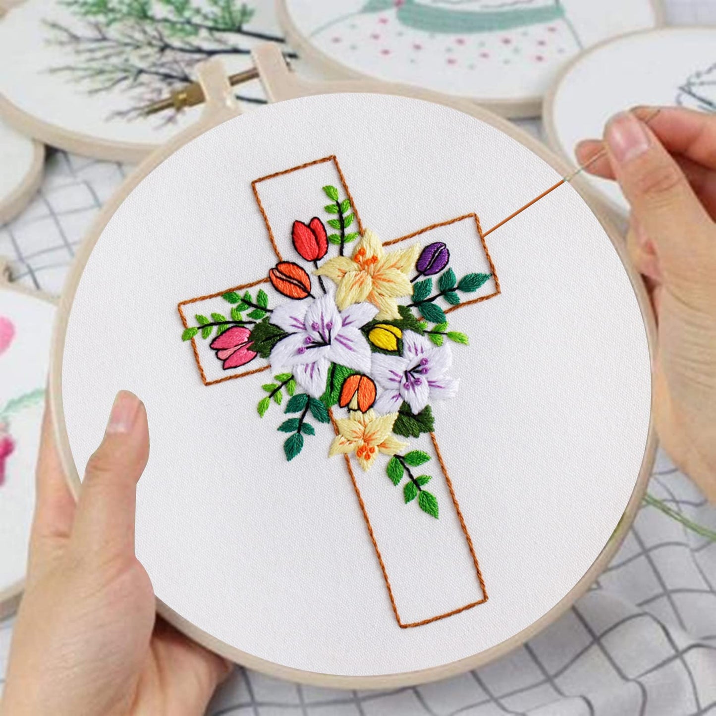 Cross Lily Pattern Embroidery Starter Kit,Cross Stitch Kits for Adults with Embroidery Hoop Needles Threads Instruction -Easter Jesus
