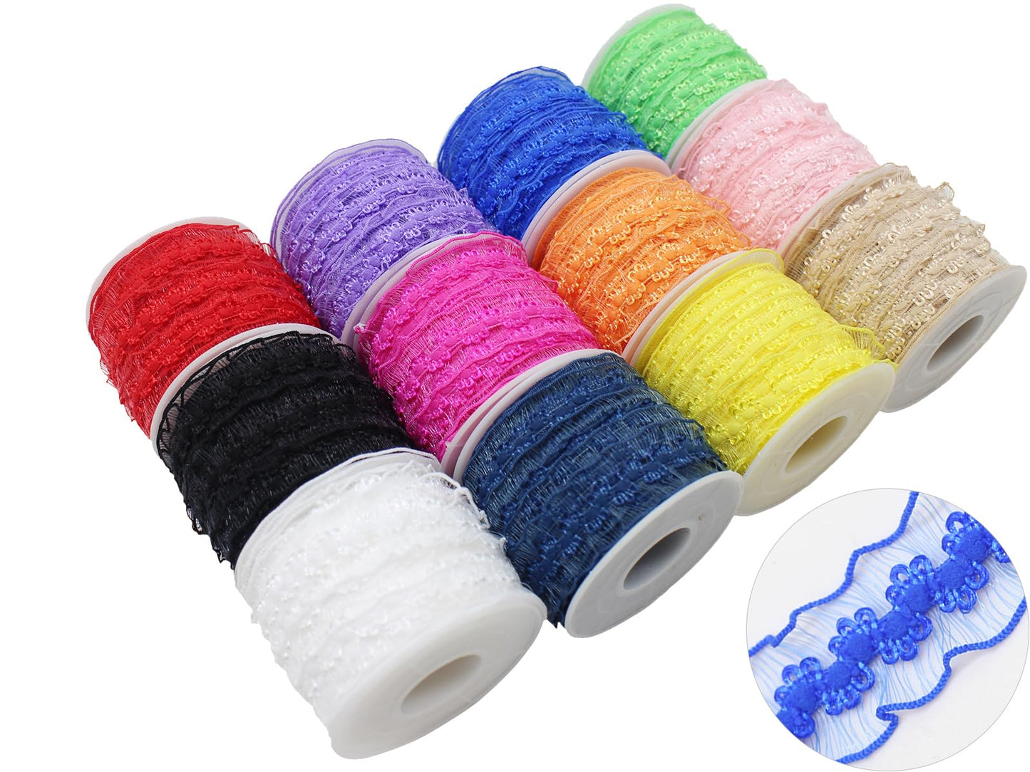 JESEP YONG 120 Yards Elastic Ruffle Ribbon for Sewing Assortment Organza Lace Trim 3/4 inch Stretch Crochet Craft Lace Trim Band Clothing and Garment for DIY Headband-Clothes-Bonnets-Hat