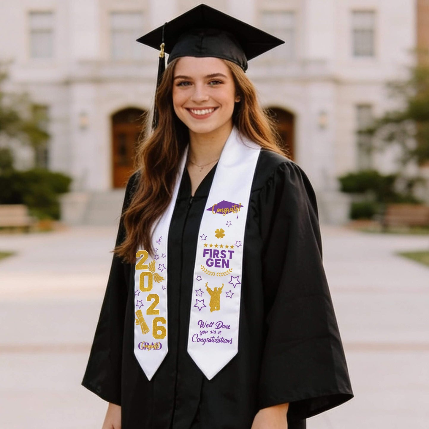 Senior College First Generation Graduation Stole Sash Class of 2026 Decorations DIY Customize Grad Stole Sash Personalized Iron-On Decals Heat Transfer Vinyl HTV Cutouts Set, Purple Gold