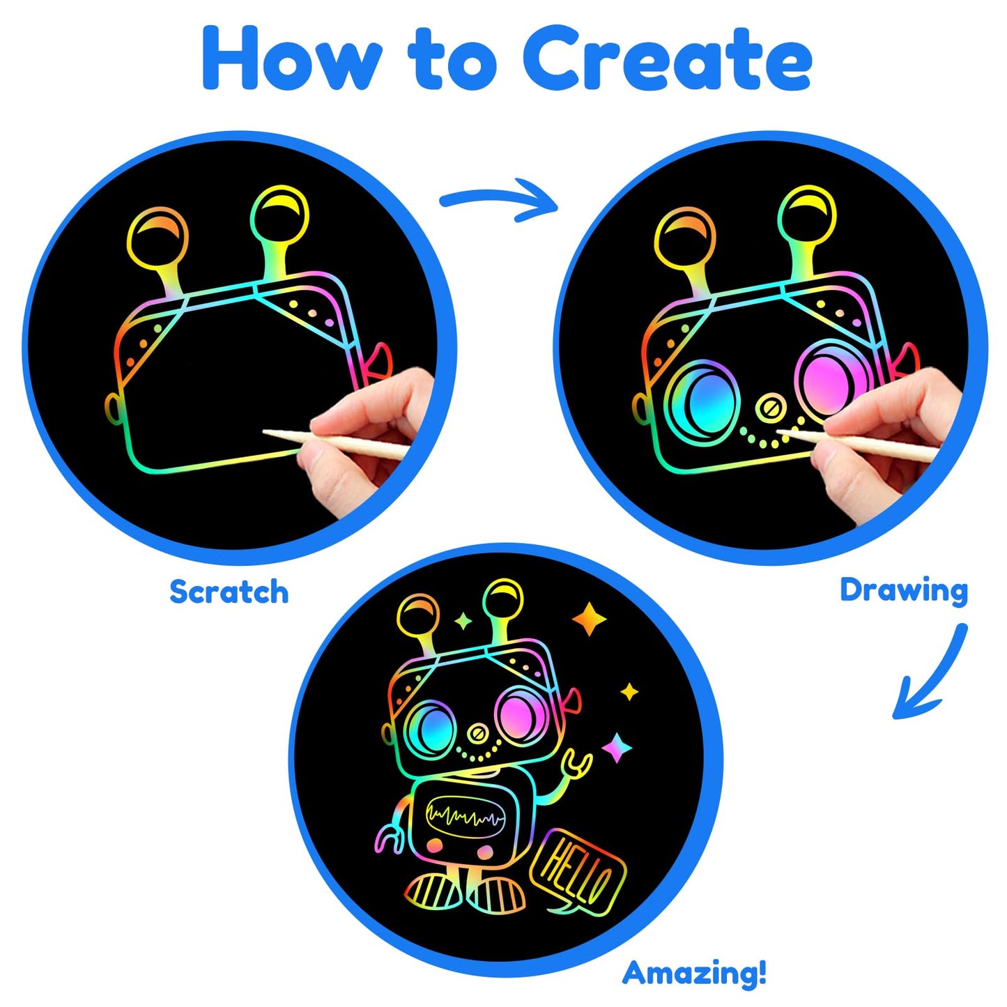 Scratch Art Crafts Boys Gifts, 50 Rainbow Scratch Paper Art Gifts for 3 4 5 6 7 8 9 10 Years Old Girls and Boys Kids, Arts and Crafts for Kids 4-6 Birthday Toys and Games Activities Gift (Blue)