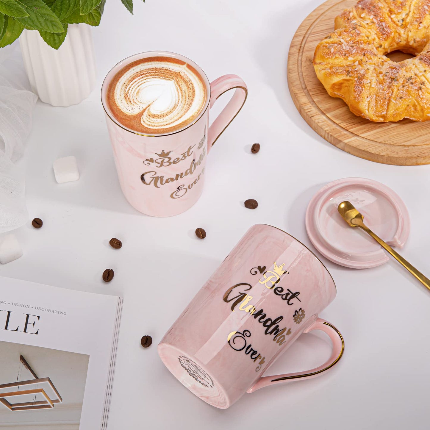 Doublewhale Grandma Gifts for Grandma, Mothers Day Birthday Gift for Grandmother from Granddaughter Grandson - 14Oz Pink Marble Ceramic Coffee Mugs Print with Real Gold - Lid Spoon Card, Box