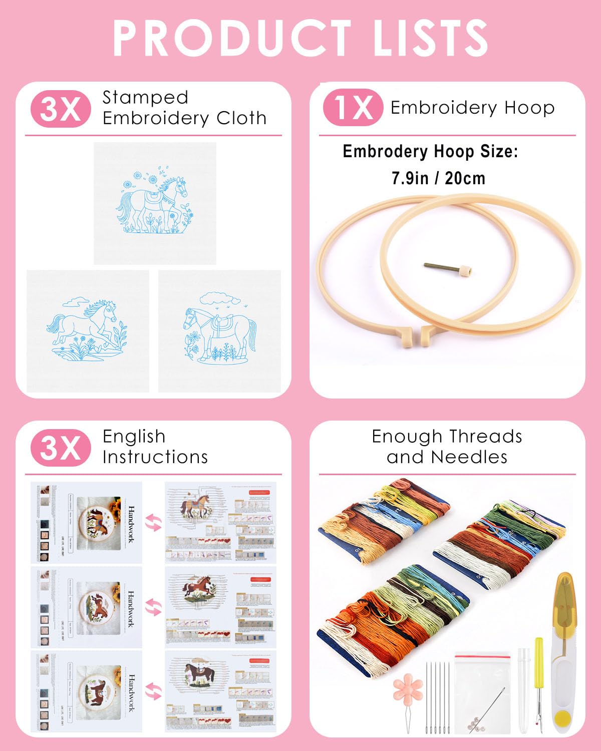 Embroidery Kit for Adult, 3 Pack Embroidery DIY Starter Kit, with Stamped Patterns, Hoop, Tools, Colorful Threads with Needles, Instructions