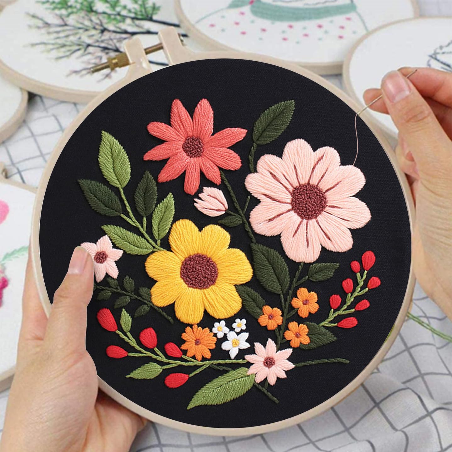 3 Sets Flowers Embroidery Kits for Beginners,Cross Stitch Kit for Adults,Crewel Starters Needlepoint with Floral Pattern,Hoop,Threads and Instruction