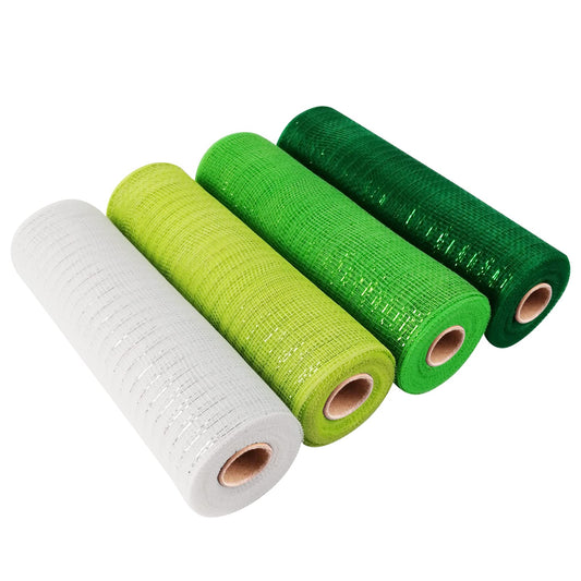4 Roll St. Patrick's Day Poly Mesh Ribbon, St. Patrick's Day Green White Wired Edge Ribbon 10 Inch x 30 feet Poly Decorations Mesh Ribbon for St. Patrick's Day Holiday Craft Wreaths Decorating
