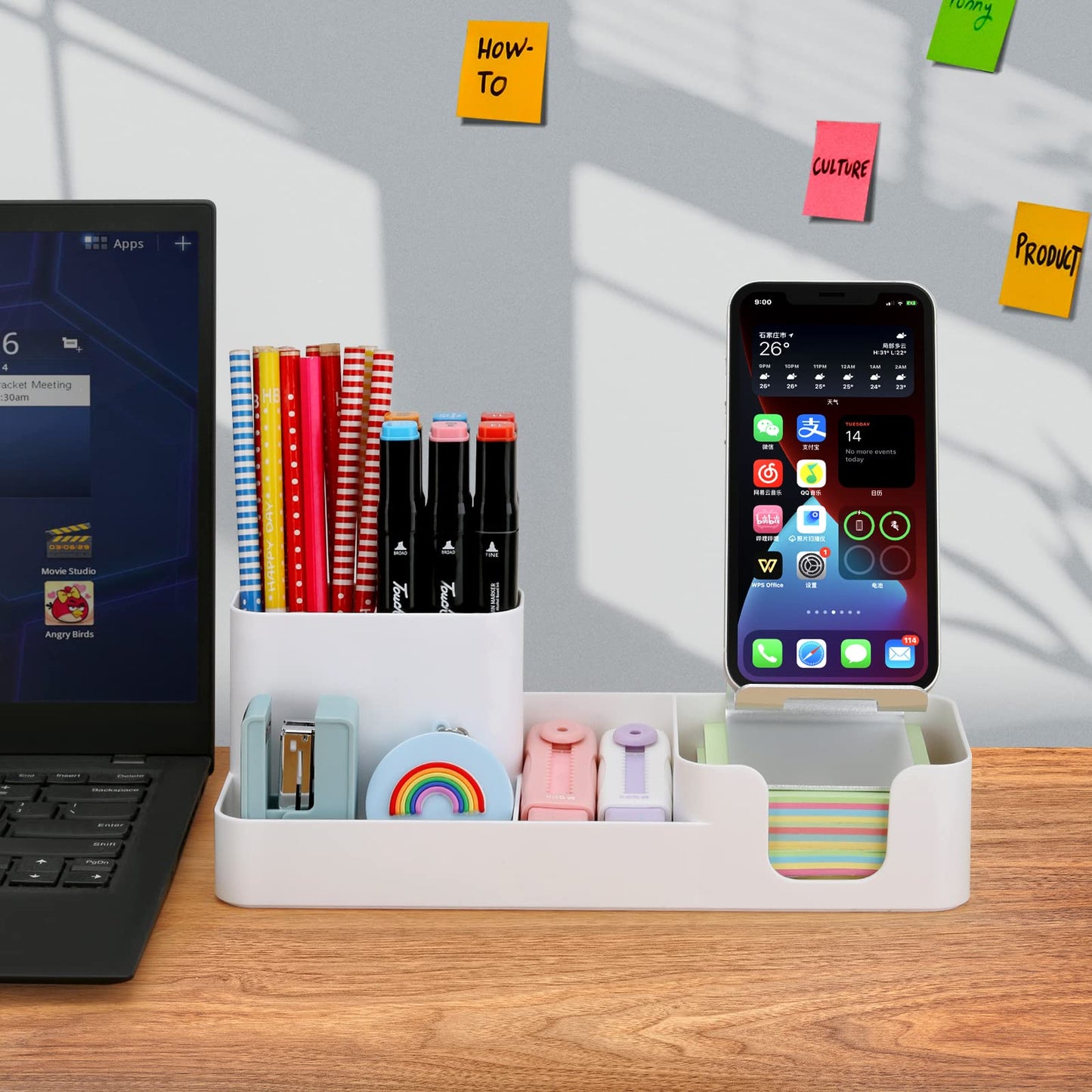 Pen Holder for Desk, Desktop Organizer with Mobile phone holder/Pencil Holders/Sticky Note Tray/Paperclip Storage and Office Stationery Accessories Caddy for Office Home School (White)