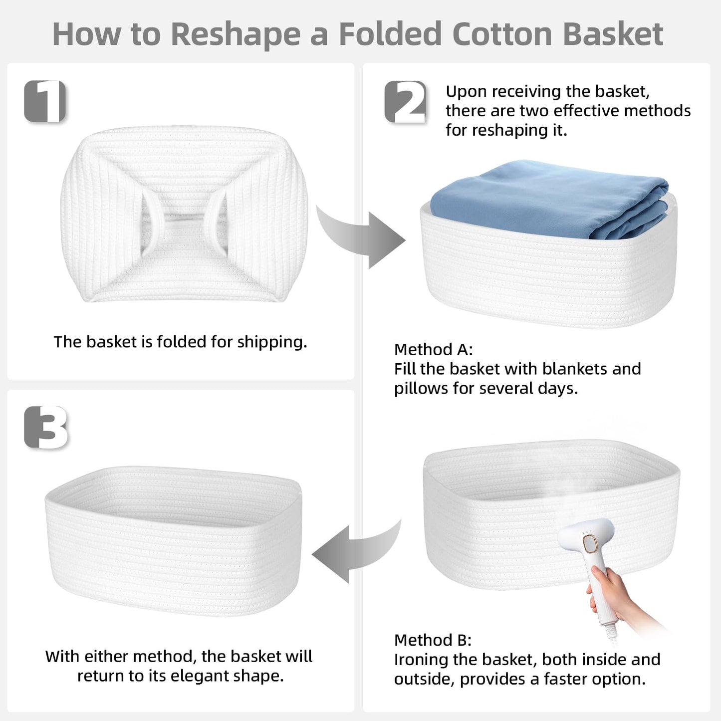 ORGMASTER Small Rope Basket 13" x 8.5" x 5.1", Woven Storage Baskets Closet Organizer Bins, Shelf Boxes for Organizing Home Office, Cat Dog Toy Box, Empty Gift Basket 2 Pack, White