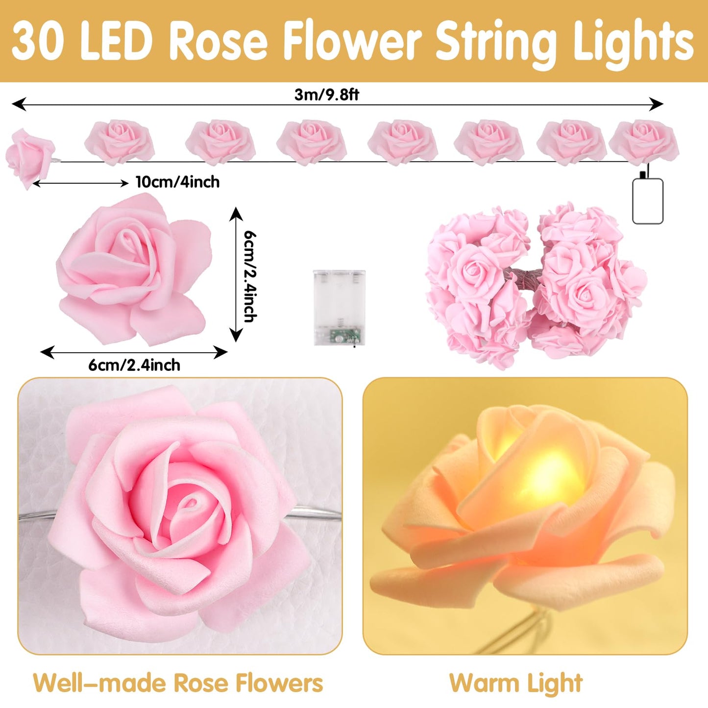 30 LEDs Valentine's Day Rose Flower String Lights,Battery Powered Lighting Pink Rose Decoration for Valentine's Day Mother's Day Wedding Party