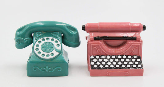 Fine Porcelain Vintage Retro Telephone and Typewriter Salt & Pepper Shakers Set, 3-3/8"