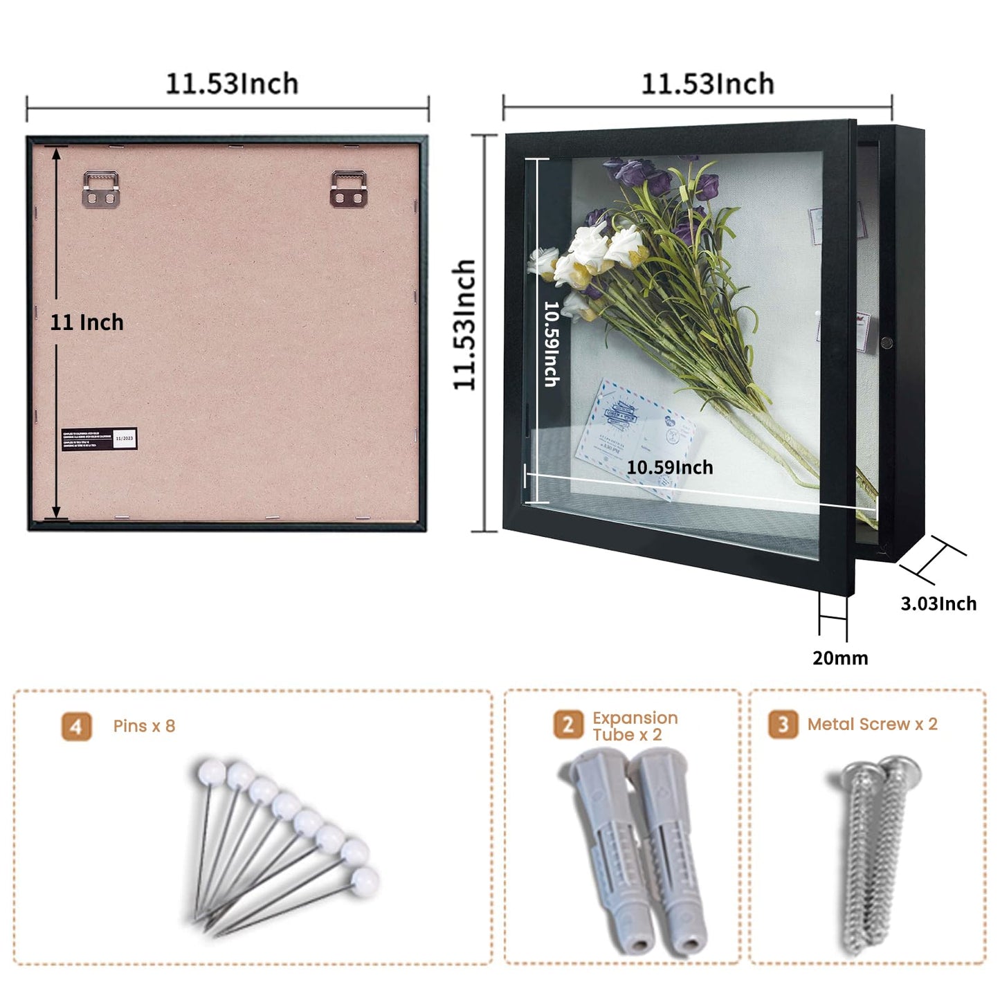 Muzilife 11x11 Shadow Box Picture Frame - 2.16" Interior Deep Wood & Glass Display Case Ready to Hang Memory Box Baby Sports Memorabilia, Wedding, Tickets, and Photos (Black)