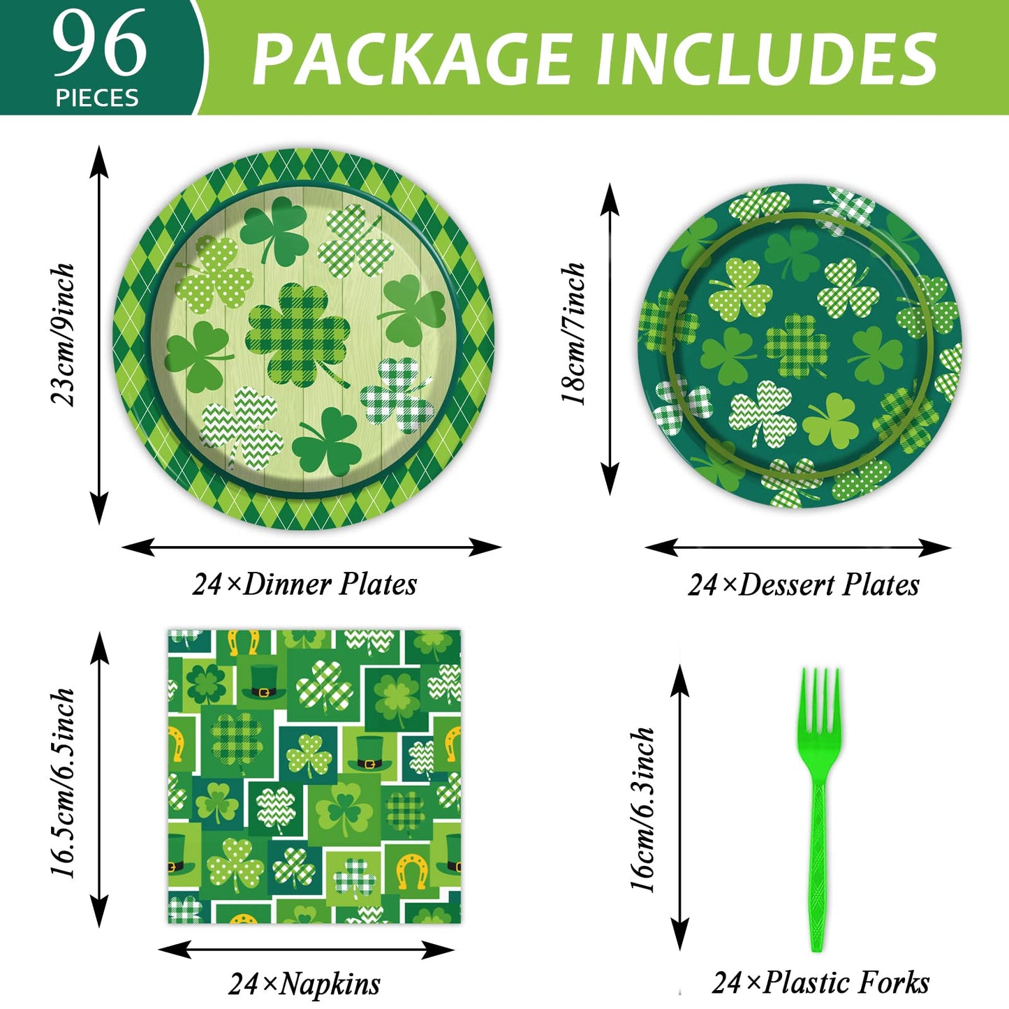 96 Pcs St. Patrick’s Day Tableware Set Lucky Green Shamrock Plates Irish Festival Party Plates St. Patrick’s Day Plates and Napkins Paper Plates Napkins Forks for 24 Guests
