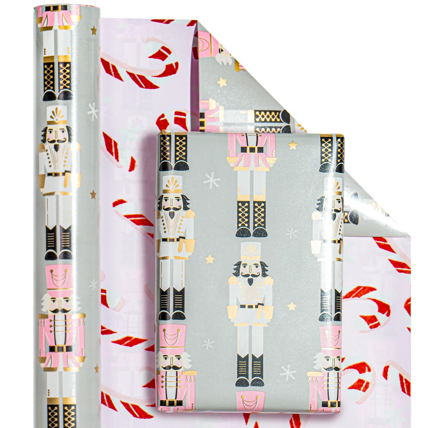 Reversible Nutcracker Christmas Wrapping Paper - Mini Roll - 17 Inch x 33 Feet - Nutcracker and Candy Cane Design Printed on Pearlized Paper for Chrsitmas, Holiday, Party Celebration