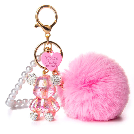 YOU WIZV Cute Pink Bear Keychain for Women with Puff Ball Purse Charms, Girls Bling Key Chains for Car Keys, Backpack, Purse Accessories, Pink Pom Pom Keychain