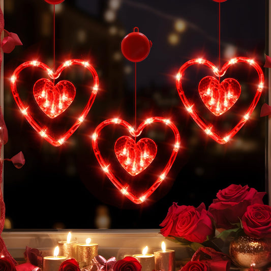 3 Pack Valentines Day Window Lights Decor with Timer, Battery Operated Red Heart-Shaped Window Decorations Silhouette Sucker LED Lamp Slow Fade Mode Hanging Lights for 2026 Holiday Indoor Home