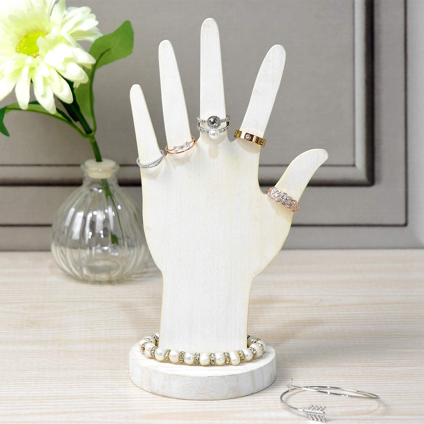 MOOCA 6 Pcs Real Wooden Hand Form Jewelry Display Set, 2 Way Design for Wall Hanging or Standalone Mannequin Finger Hand Display, Premium Real Wood Sturdy Base, Wash White Color