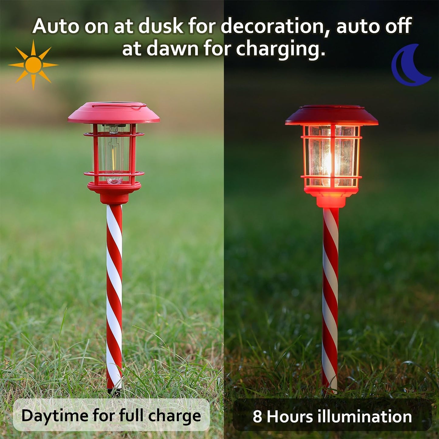 Dynaming 6 Pack Dual Use Solar Christmas Path Lights Outdoor, Hanging Lantern Solar Garden Light with Edison Bulb, Xmas Pathway Markers, Auto On/Off Candy Cane Lights for Patio Yard Walkway Driveway