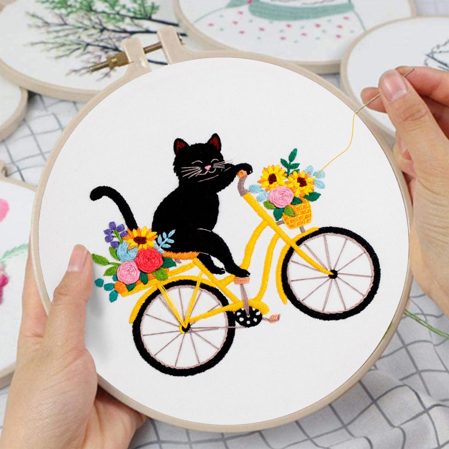 Louise Maelys Cute Cat Embroidery Kits for Beginners with Flower Bike Pattern,Adults Starter Cross Stitch Kit DIY Needlepoint